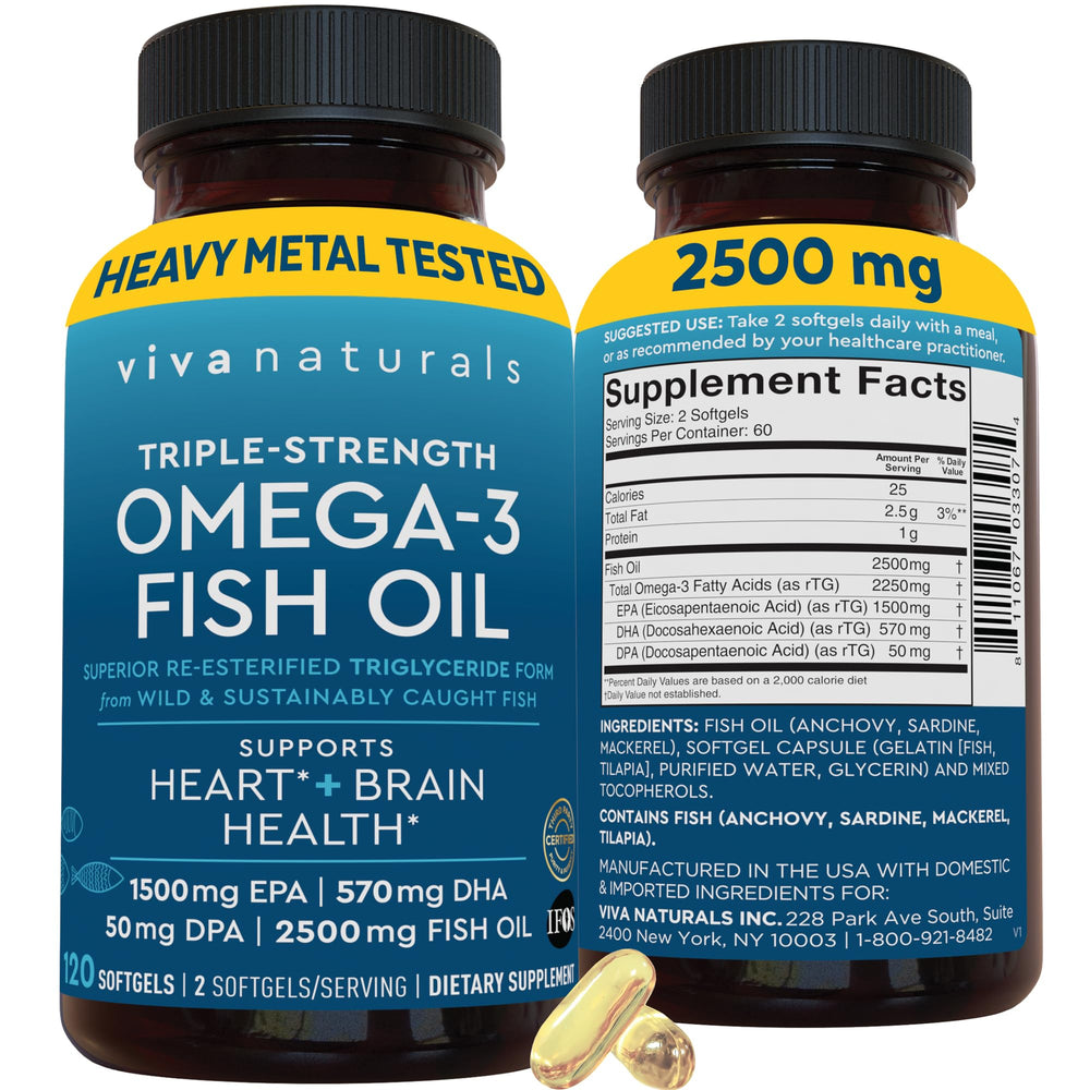 Viva Naturals Omega-3 bottle front view with triple strength softgels for daily heart and brain support.
