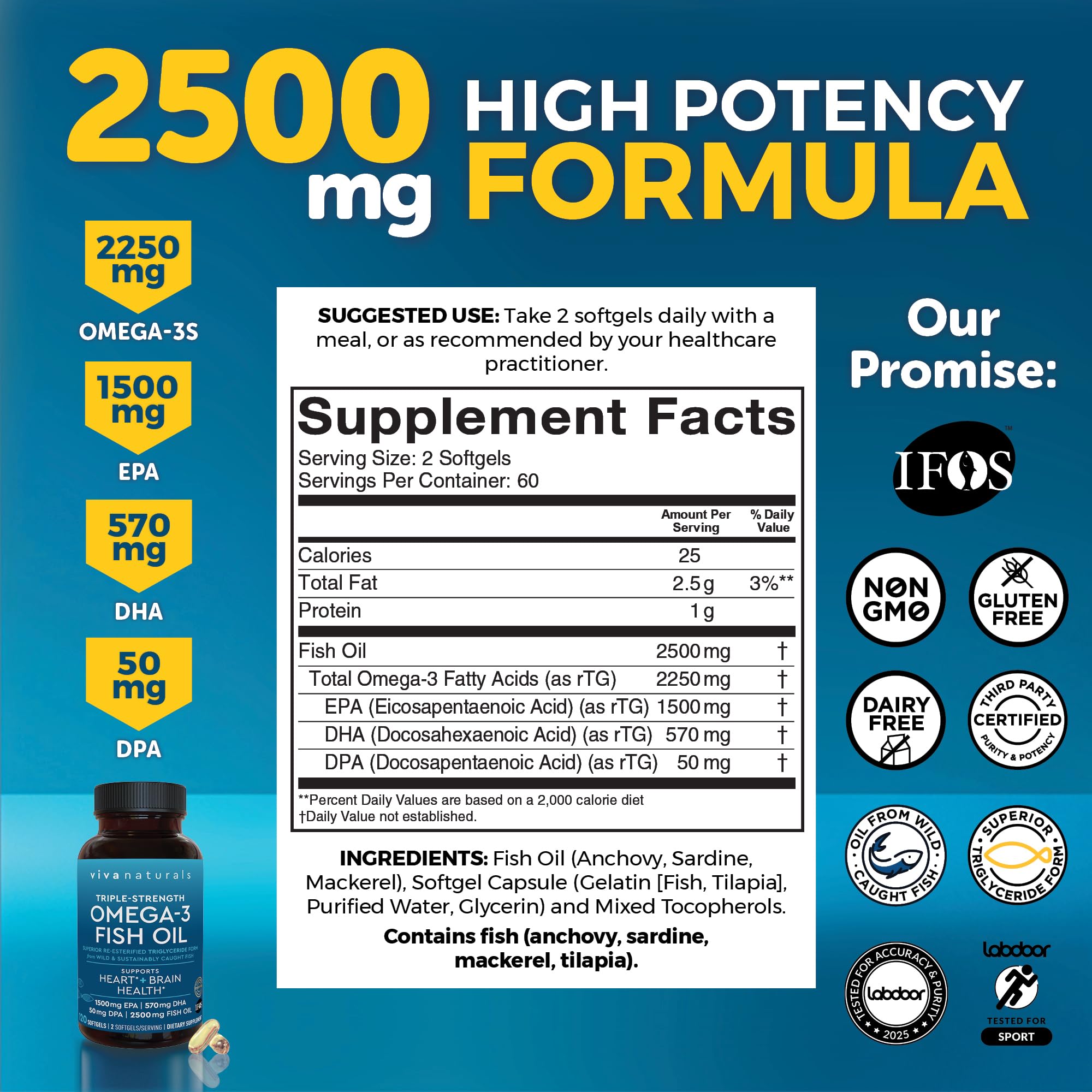 Viva Naturals Omega-3 bottle label closeup highlighting EPA, DHA, and DPA content for balanced intake.