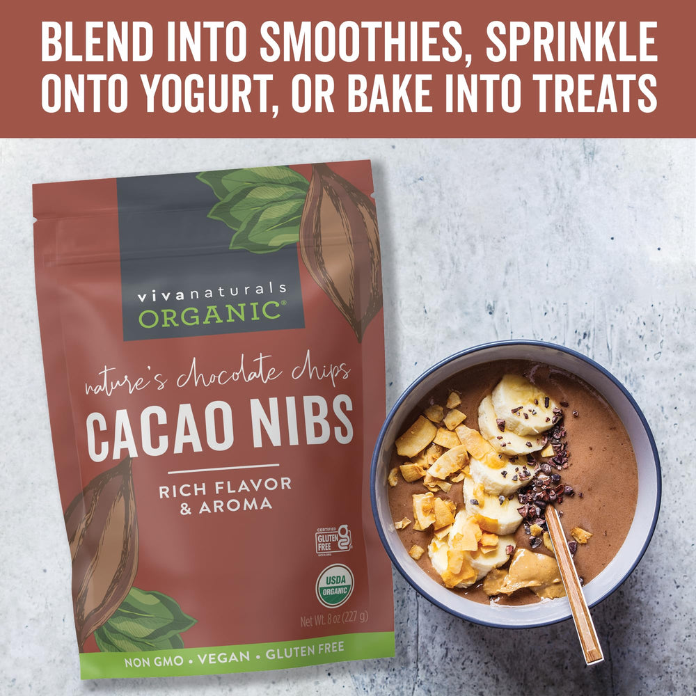 Viva Naturals organic gluten-free non-GMO cacao nibs with certified quality.