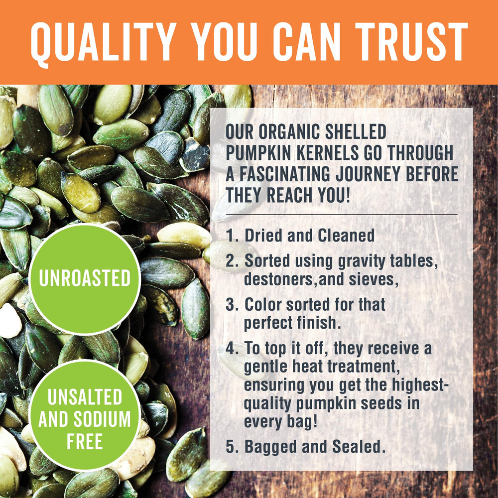 Viva Naturals organic pumpkin seeds closeup — raw, unroasted flavor and nutrition