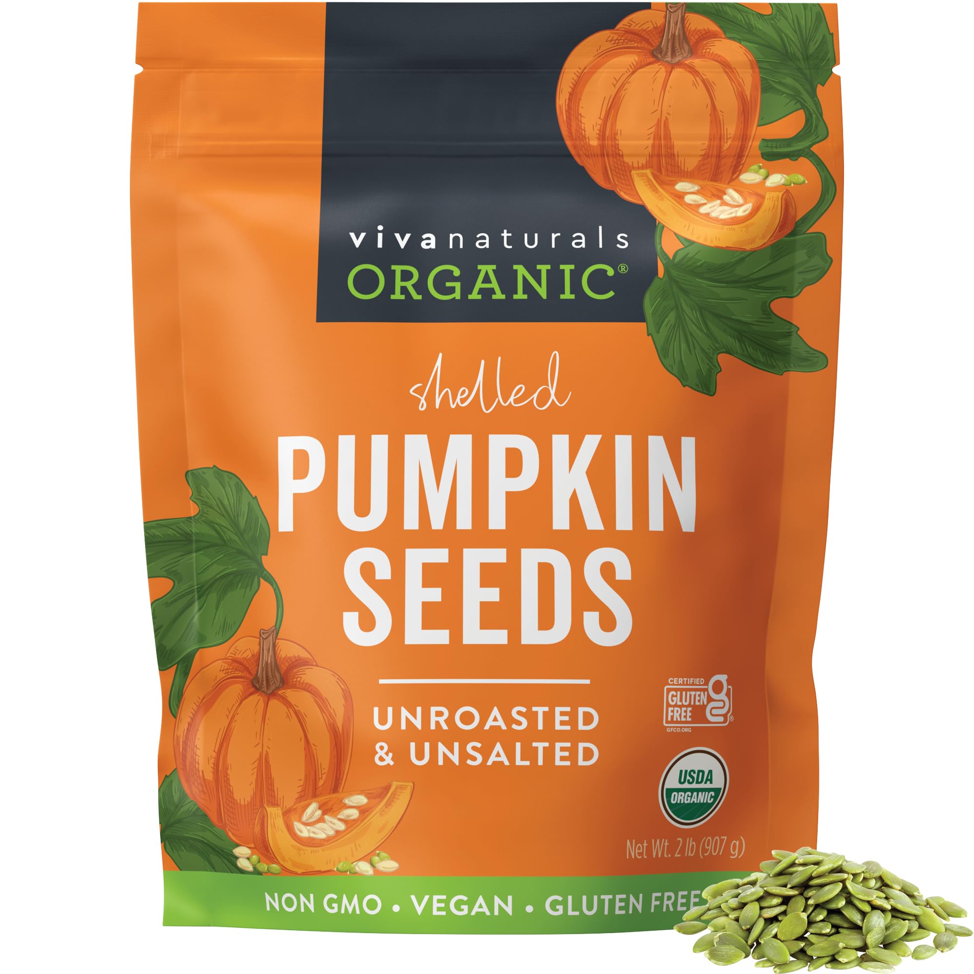 Viva Naturals organic pumpkin seeds shelled 2lb — versatile snack with fiber and iron