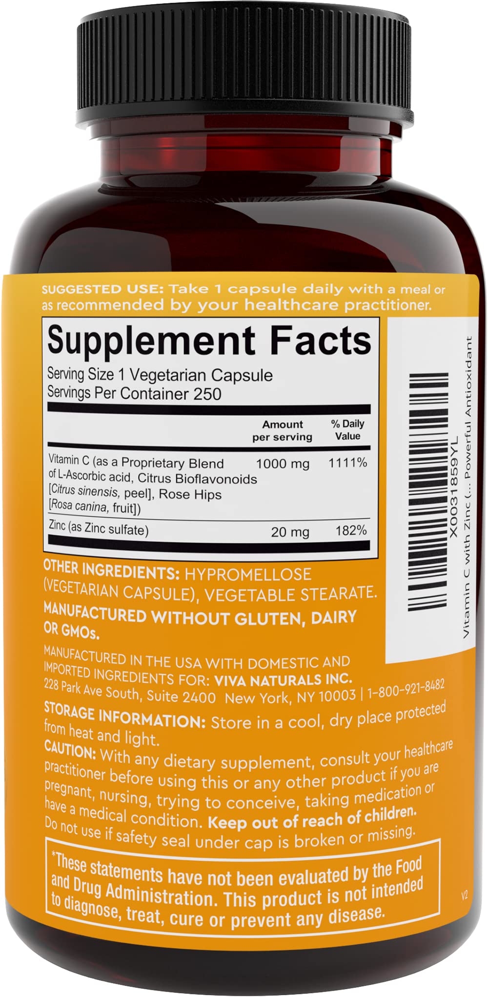 Viva Naturals vitamin C and zinc bottle on bright shelf.