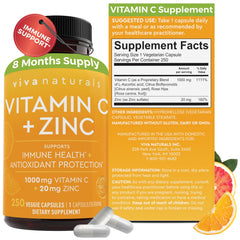 Viva Naturals Vitamin C and Zinc bottle on white surface for daily immune support.