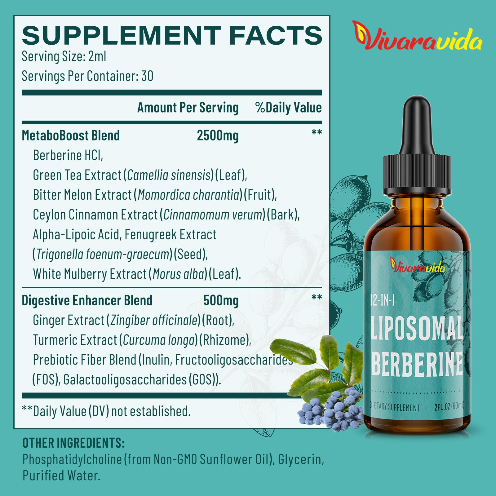Vivaravida Berberine HCl Drops pour with two vegan drops daily