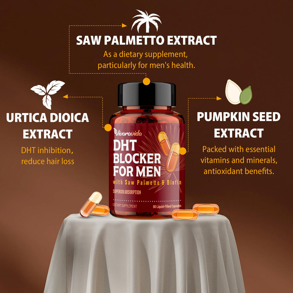 Vivaravida DHT Blocker saw palmetto biotin blend image highlights natural ingredients