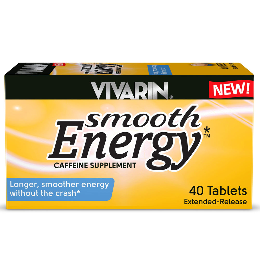 Vivarin Smooth Energy bottle packaging showing sleek design for on-the-go focus