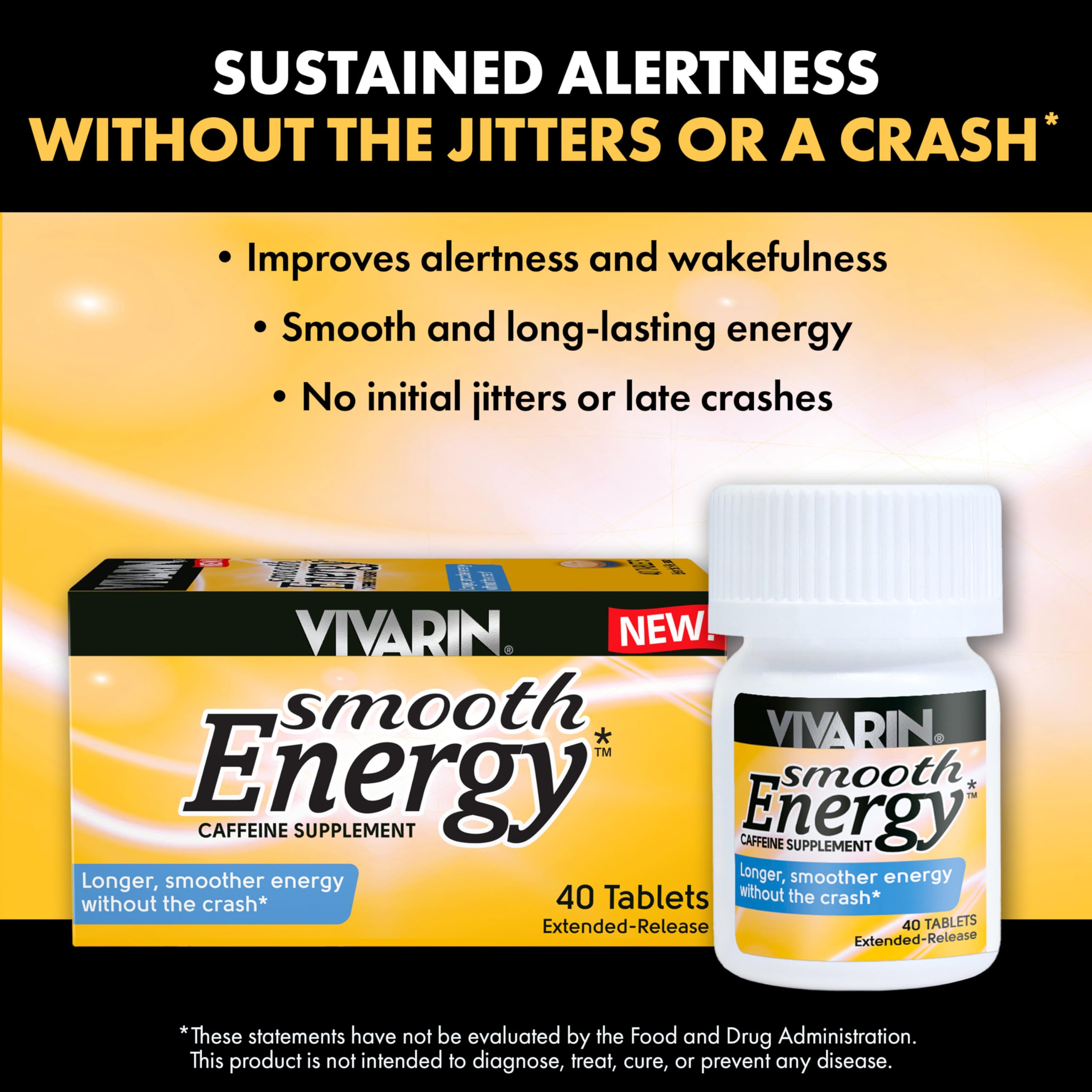 Vivarin Smooth Energy tablet close-up highlighting 200mg extended-release caffeine
