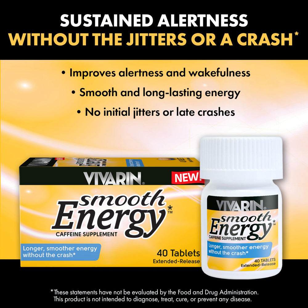 Vivarin Smooth Energy tablet close-up highlighting 200mg extended-release caffeine