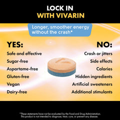 Vivarin travel-friendly bottle beside clock, illustrating portable focus power