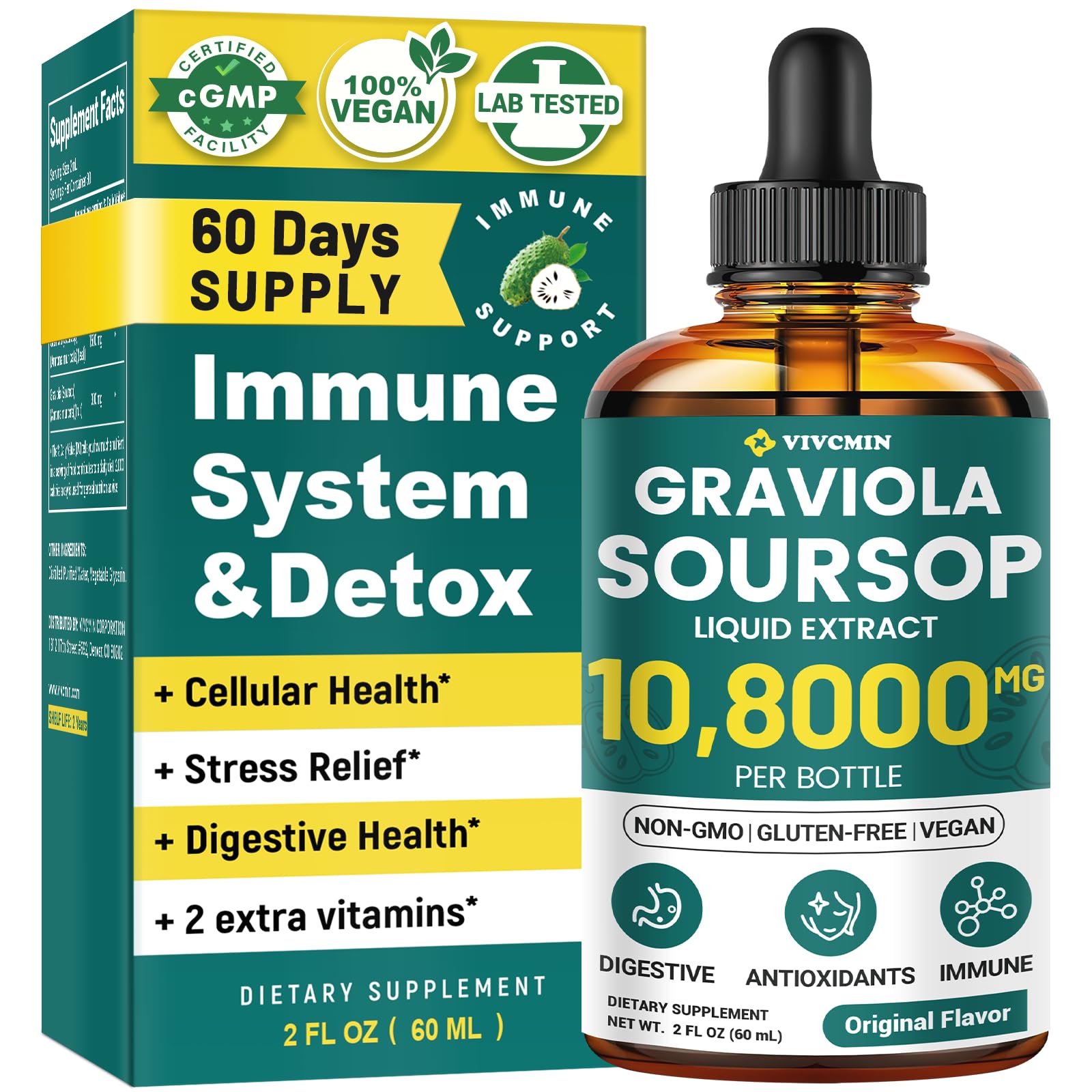 vivcmin graviola soursop leaf extract bottle showing natural formula for daily wellness support