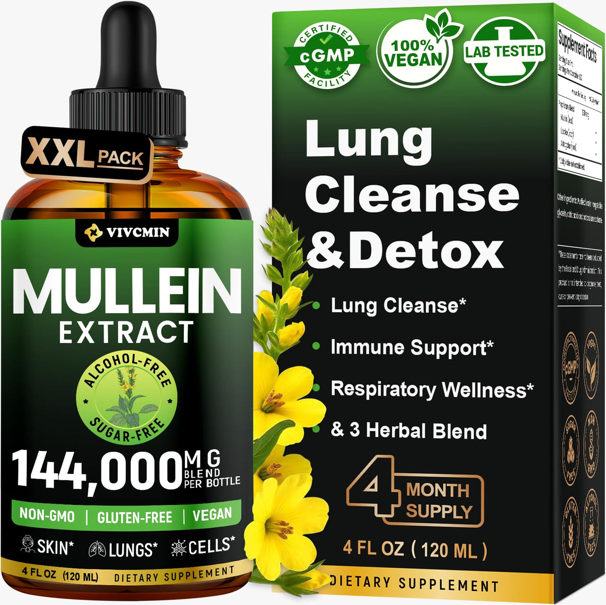 Vivcmin Mullein Drops bottle shown for daily respiratory support with an alcohol-free formula