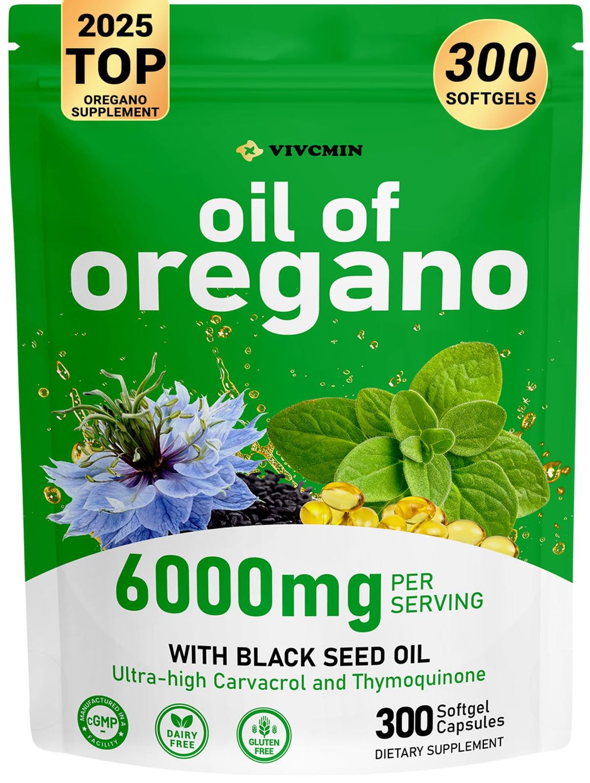 Vivcmin oregano oil softgels bottle showing high-potency blend for daily immune and digestive support