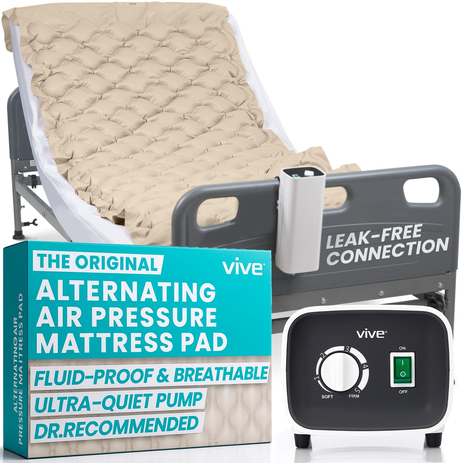 Vive alternating air pressure mattress pad in box, highlighting simple setup for caregivers