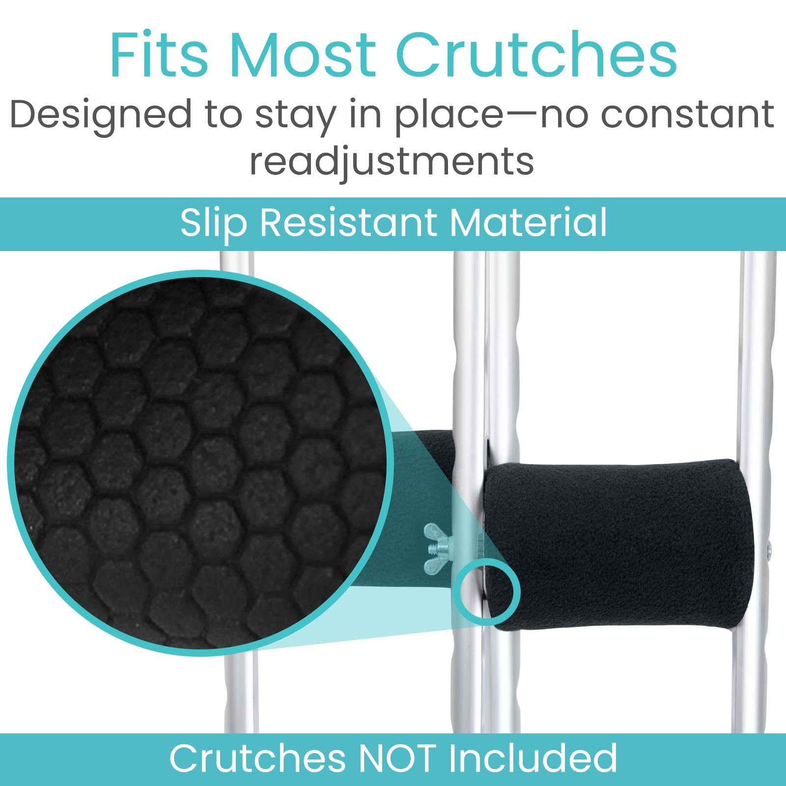 Vive crutch pads install quickly with secure hook-and-loop straps.