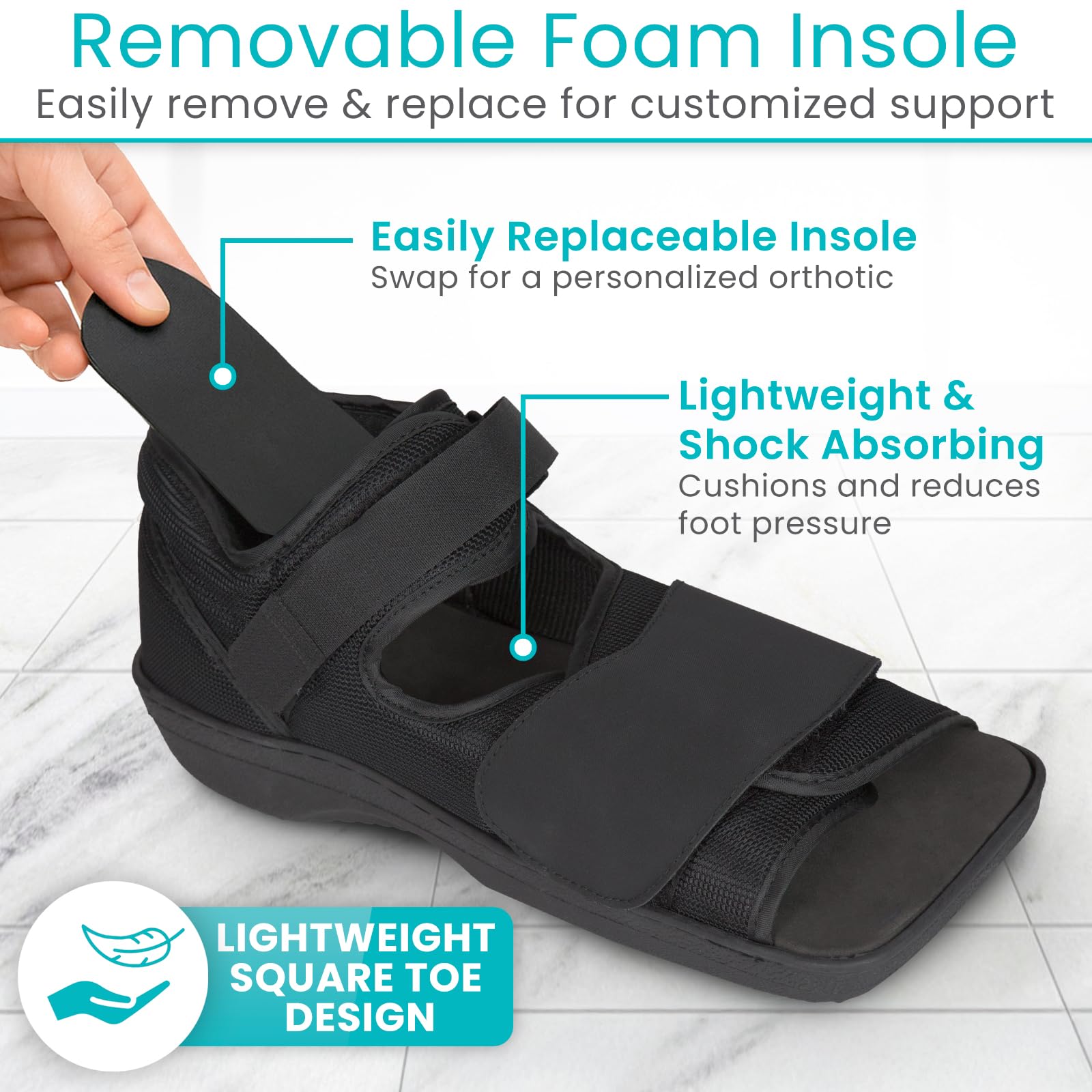 Vive post op shoe non skid rocker sole enhances stability during steps.