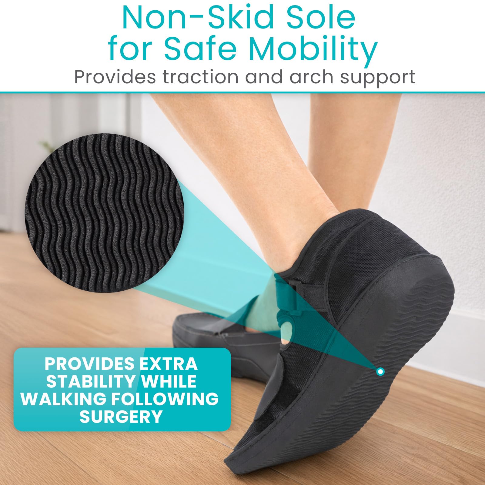 Vive post op shoe protective toe area keeps toes safe when bandaged.