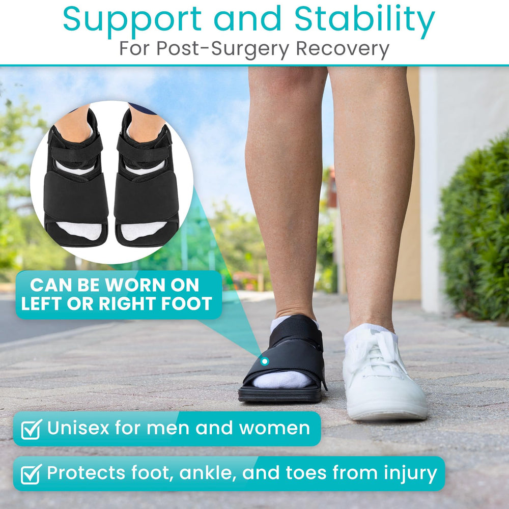 Vive post op shoe wide square toe for room and toe protection.