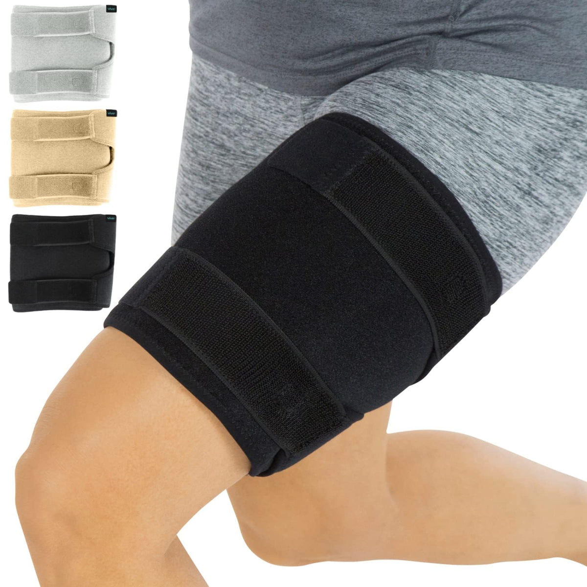 Vive thigh brace front view shows adjustable support for thigh muscles during activity.