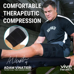 Vive thigh brace side view highlights slim, comfortable wrap for all day wear.