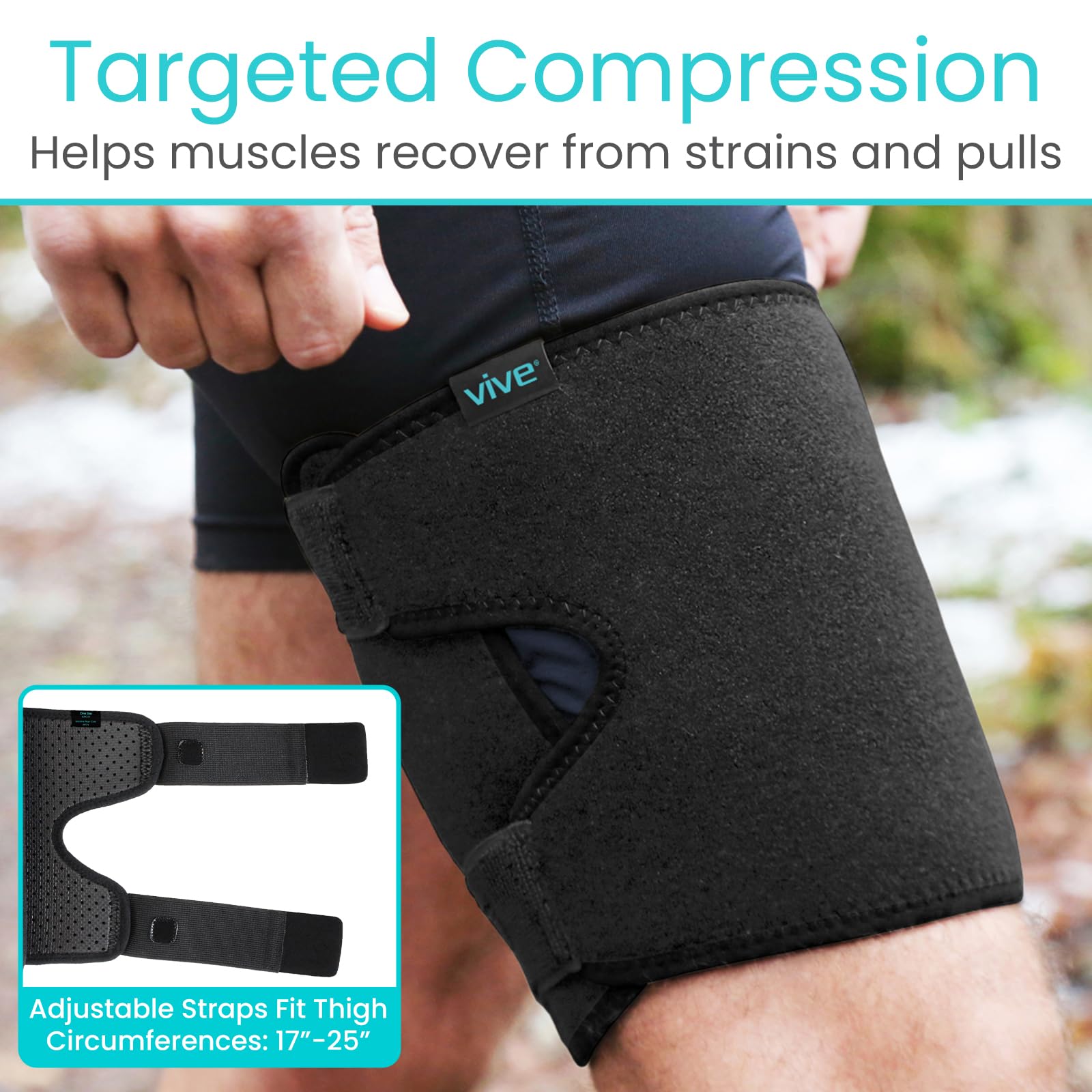 Vive thigh brace strap closeup demonstrates non slip velcro adjustment.