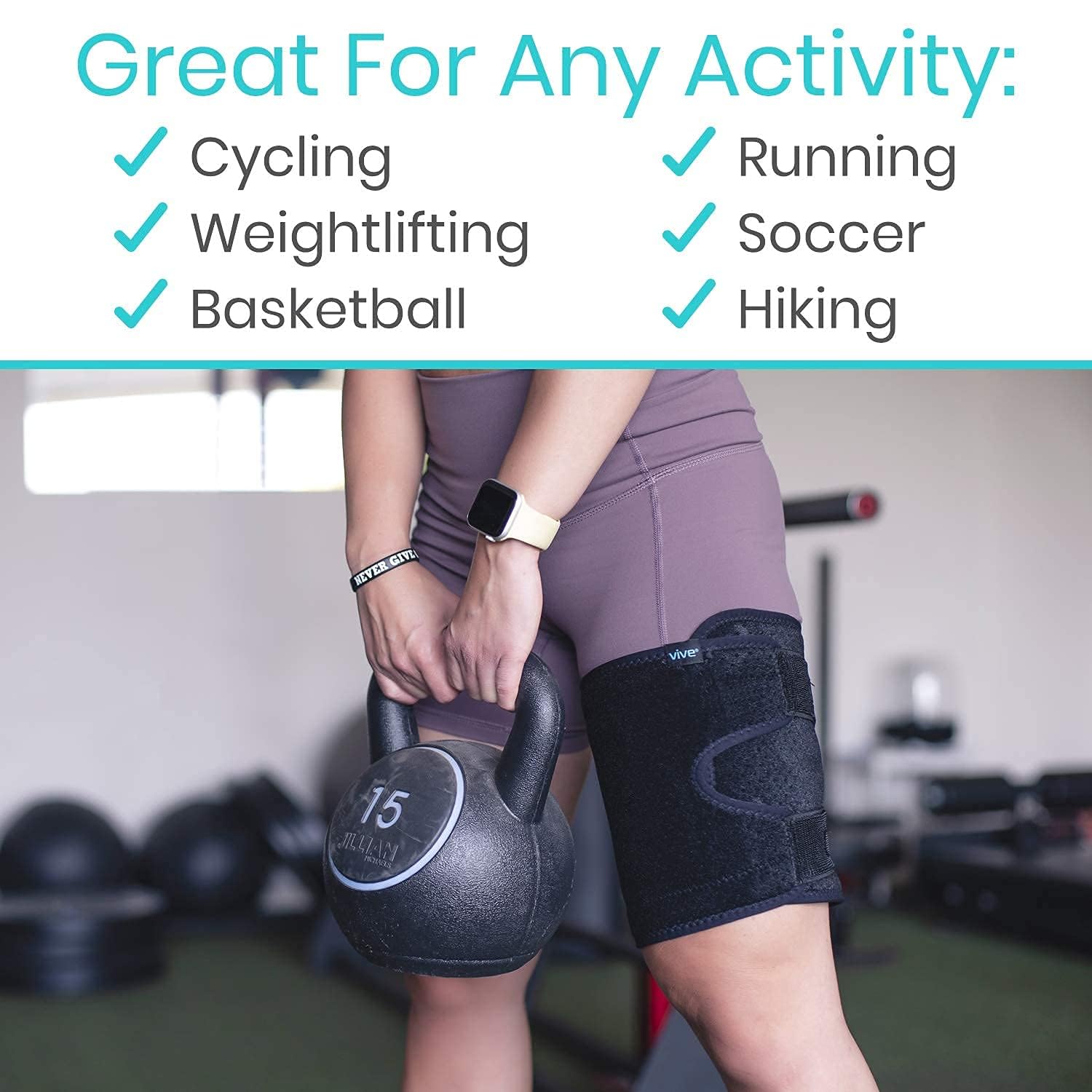 Vive thigh brace worn over clothes for versatile training sessions.