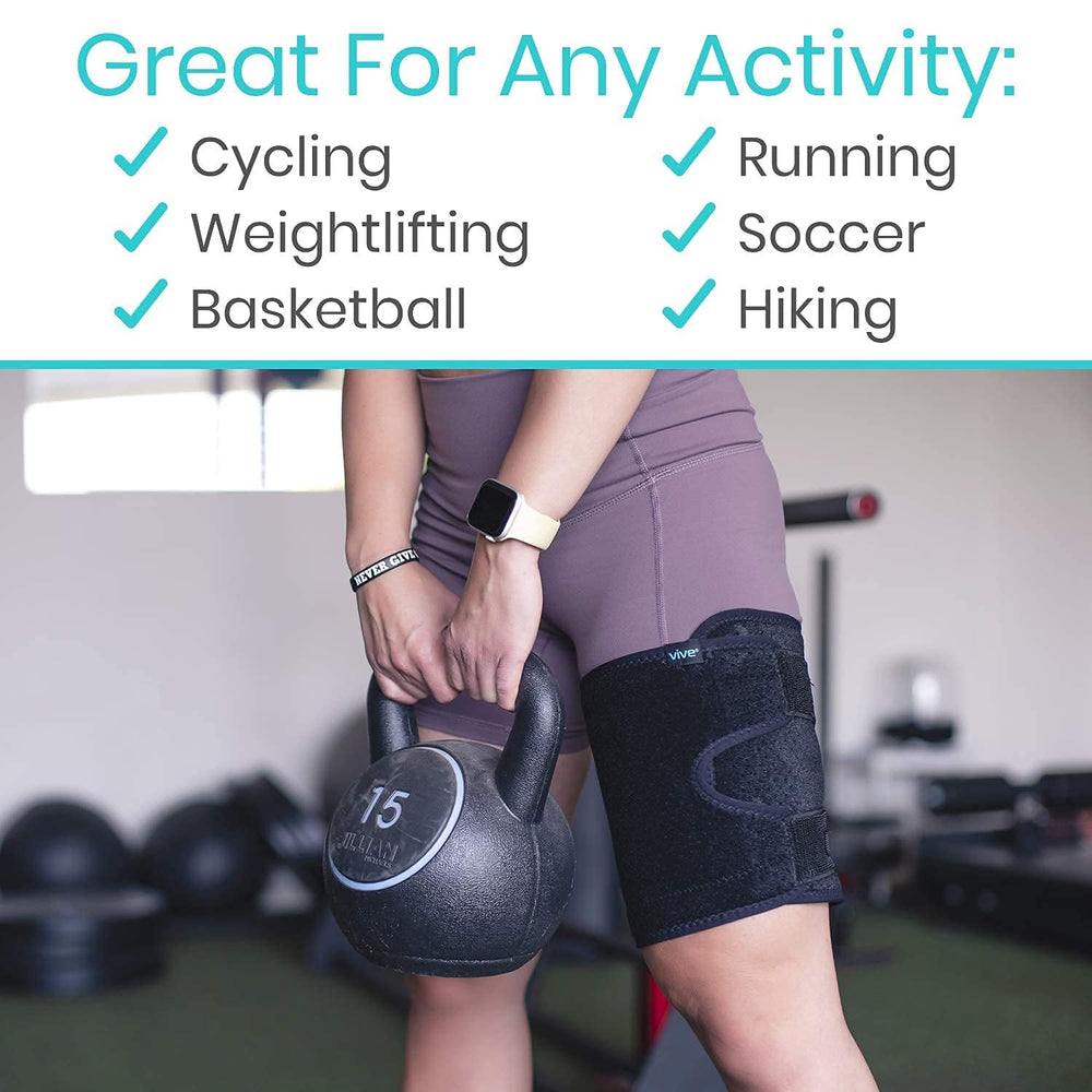 Vive thigh brace worn over clothes for versatile training sessions.