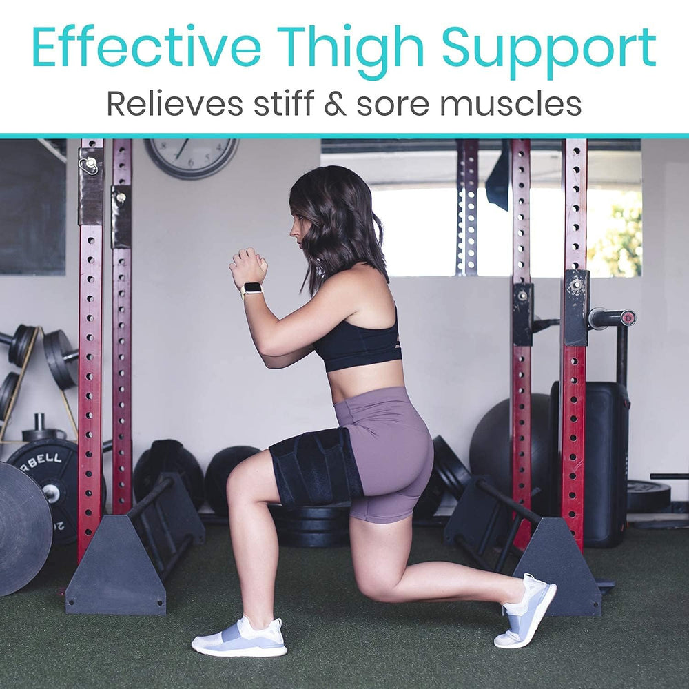 Vive thigh brace worn under clothes for discreet support during workouts.