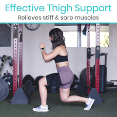 Vive thigh brace worn under clothes for discreet support during workouts.