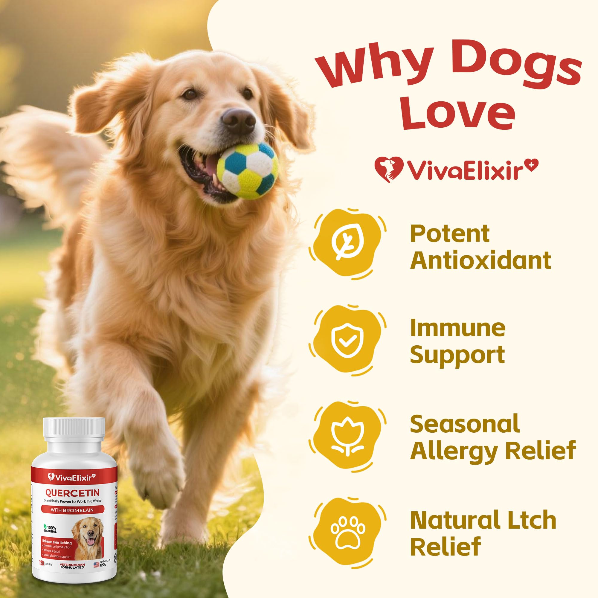 VivaElixir Quercetin and Bromelain dog tablets back label with dosage guidance.