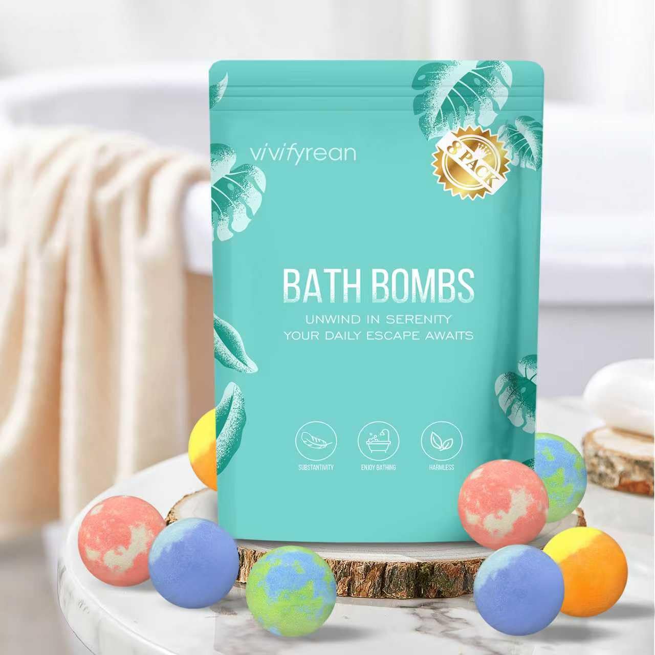 Vivifyrean eucalyptus mint bath bomb refreshes the senses for an invigorating bath.