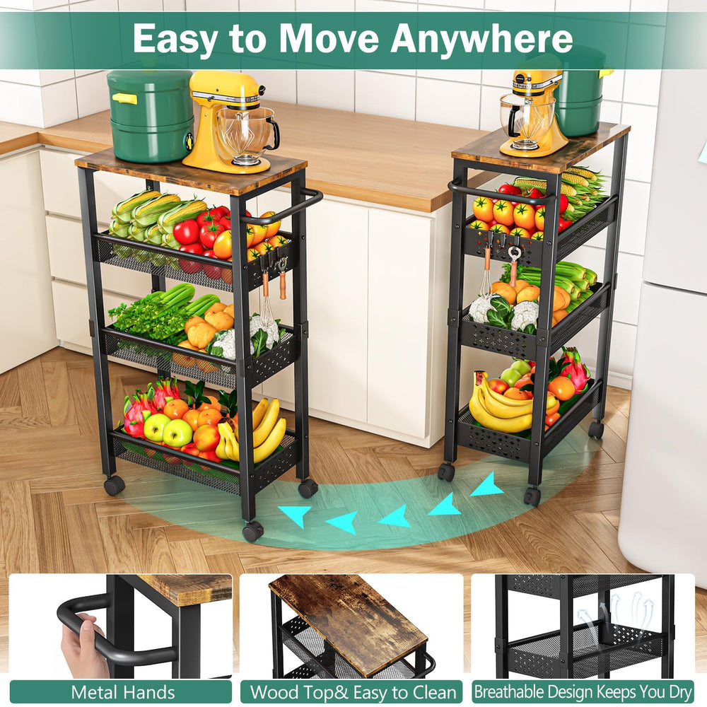 Vivihomety cart sits between appliances for quick access in small spaces.