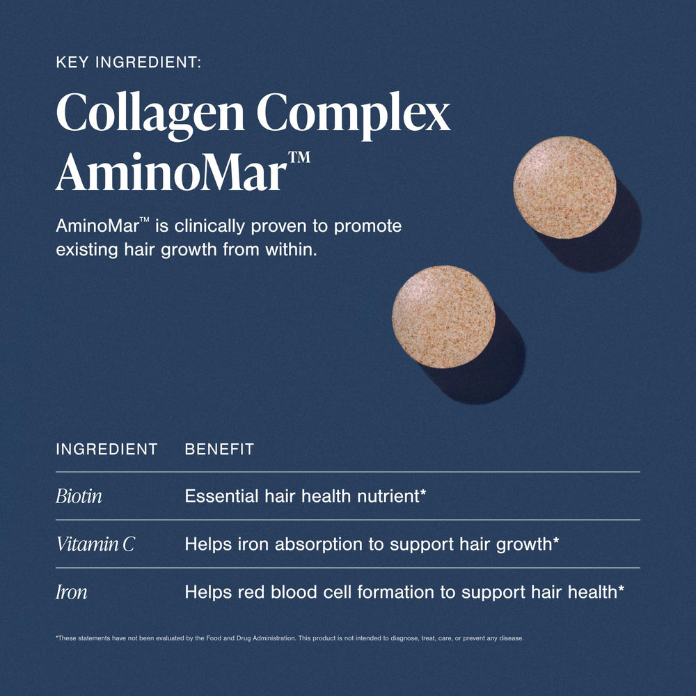 Viviscal ingredients icons show marine collagen and biotin for nourishing strands.