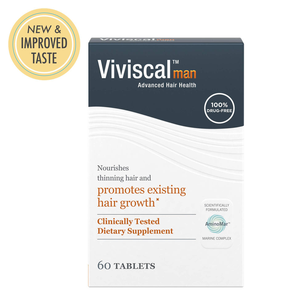 Viviscal Man fortifying shampoo shown beside supplements for a compatible routine.