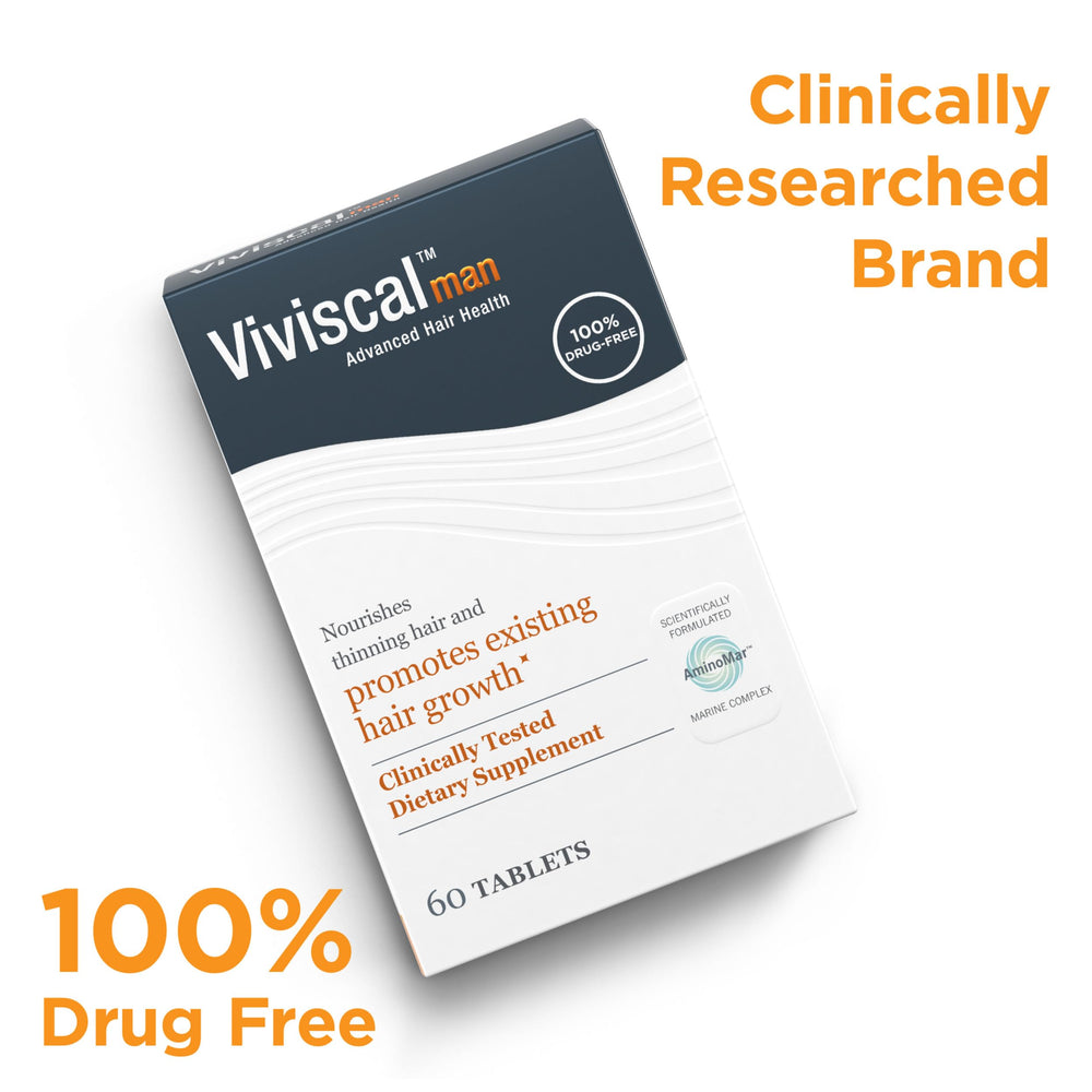 Viviscal Man ingredients panel lists Vitamin C, Zinc, Horsetail, and Flax Seed.