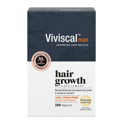 Viviscal Man bottle closeup showing nutrient-based hair support.