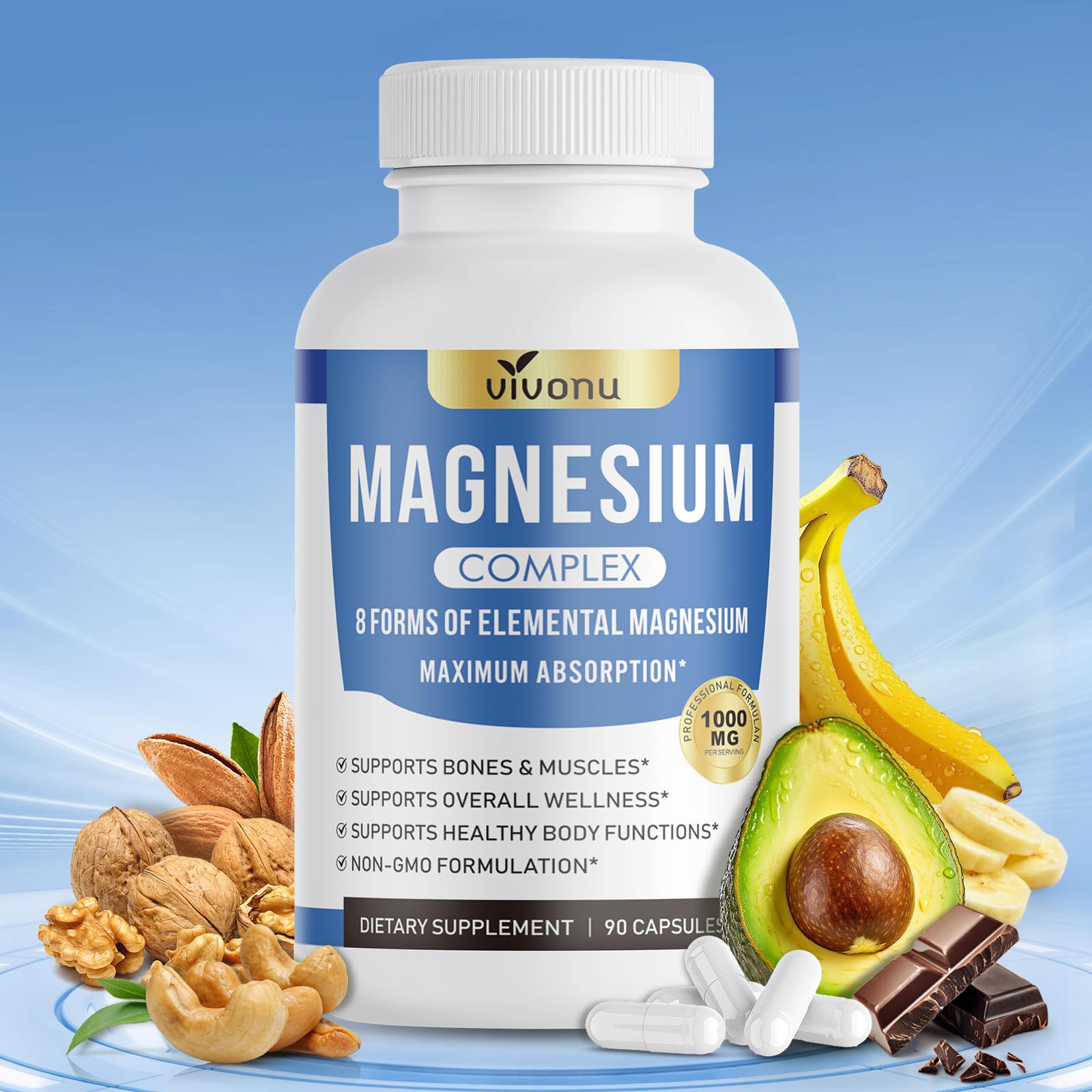 VivoNu 1000mg Magnesium Complex bottle showing eight forms for daily energy