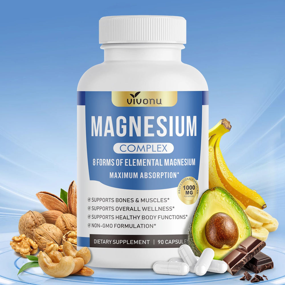 VivoNu 1000mg Magnesium Complex bottle showing eight forms for daily energy