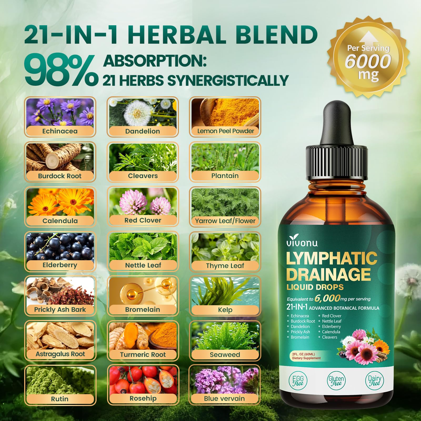 VivoNu 21-in-1 herbal blend collection with echinacea, dandelion, and burdock
