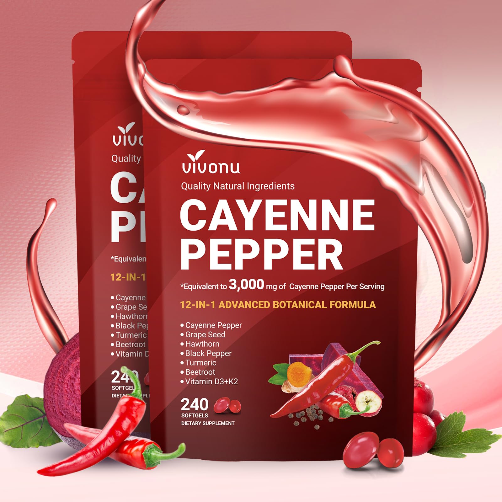 VivoNu Cayenne Pepper Softgels bottle front, designed for daily vein and heart support.