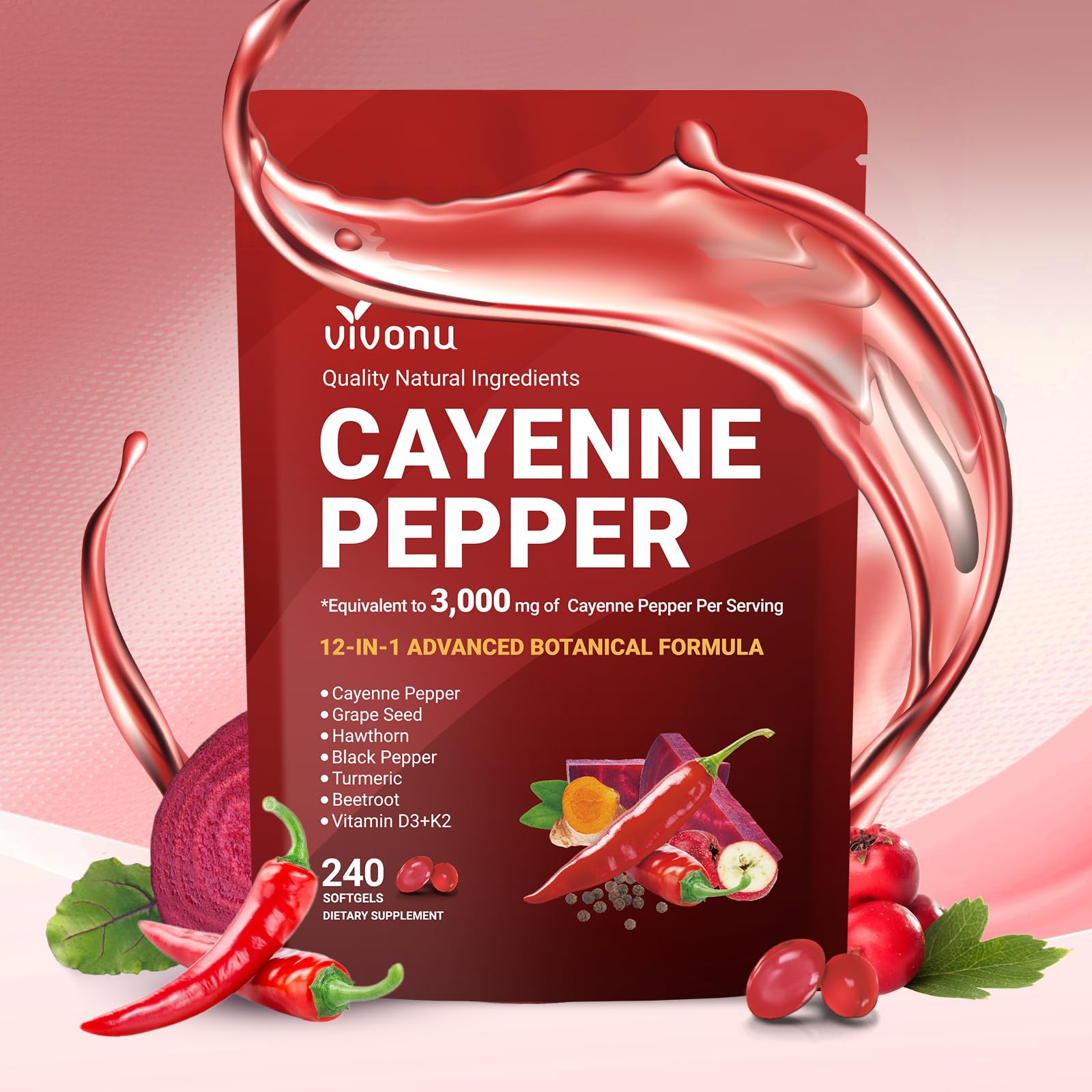 VivoNu Cayenne softgels bottle on shelf ready for daily wellness.