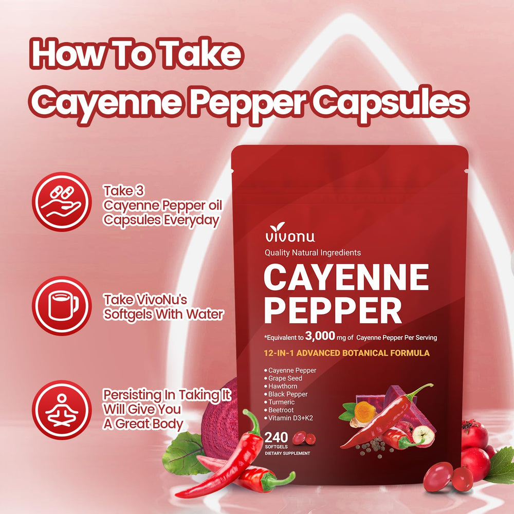 VivoNu Cayenne Pepper Softgels bottle on kitchen shelf for easy access.