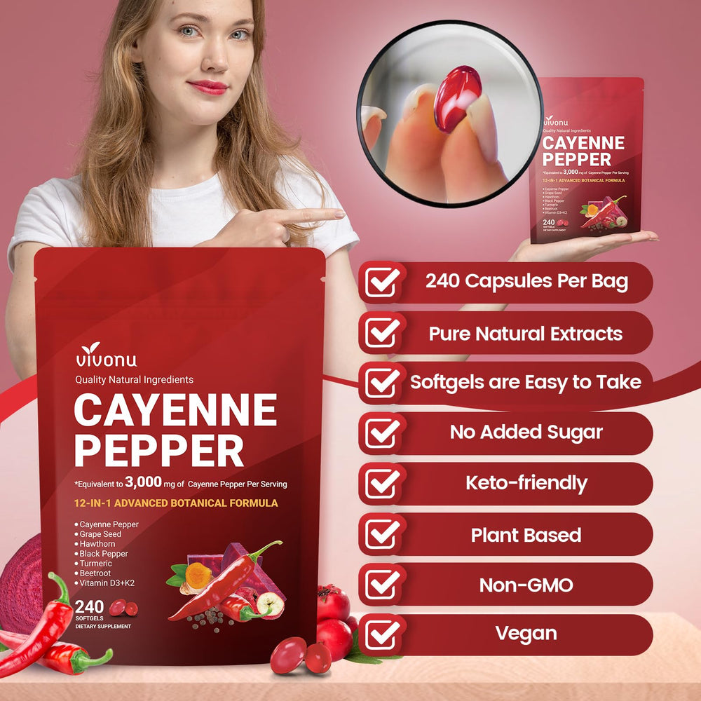 VivoNu Cayenne Pepper Softgels ingredients chart featuring grape seed and beetroot.