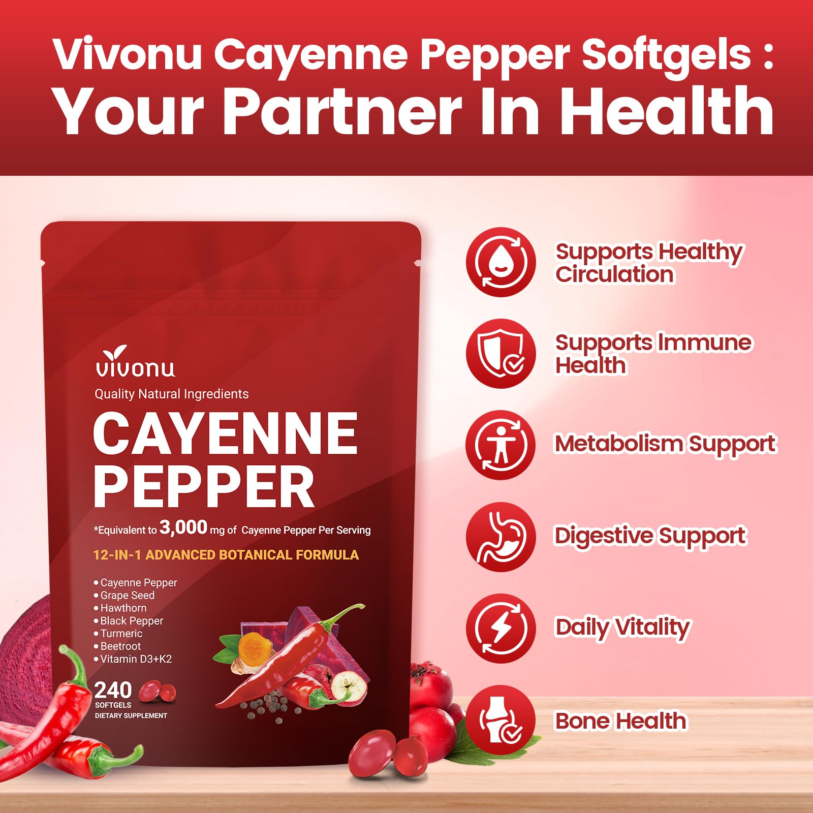 VivoNu Cayenne Pepper Softgels pour shot highlighting convenient dosing.