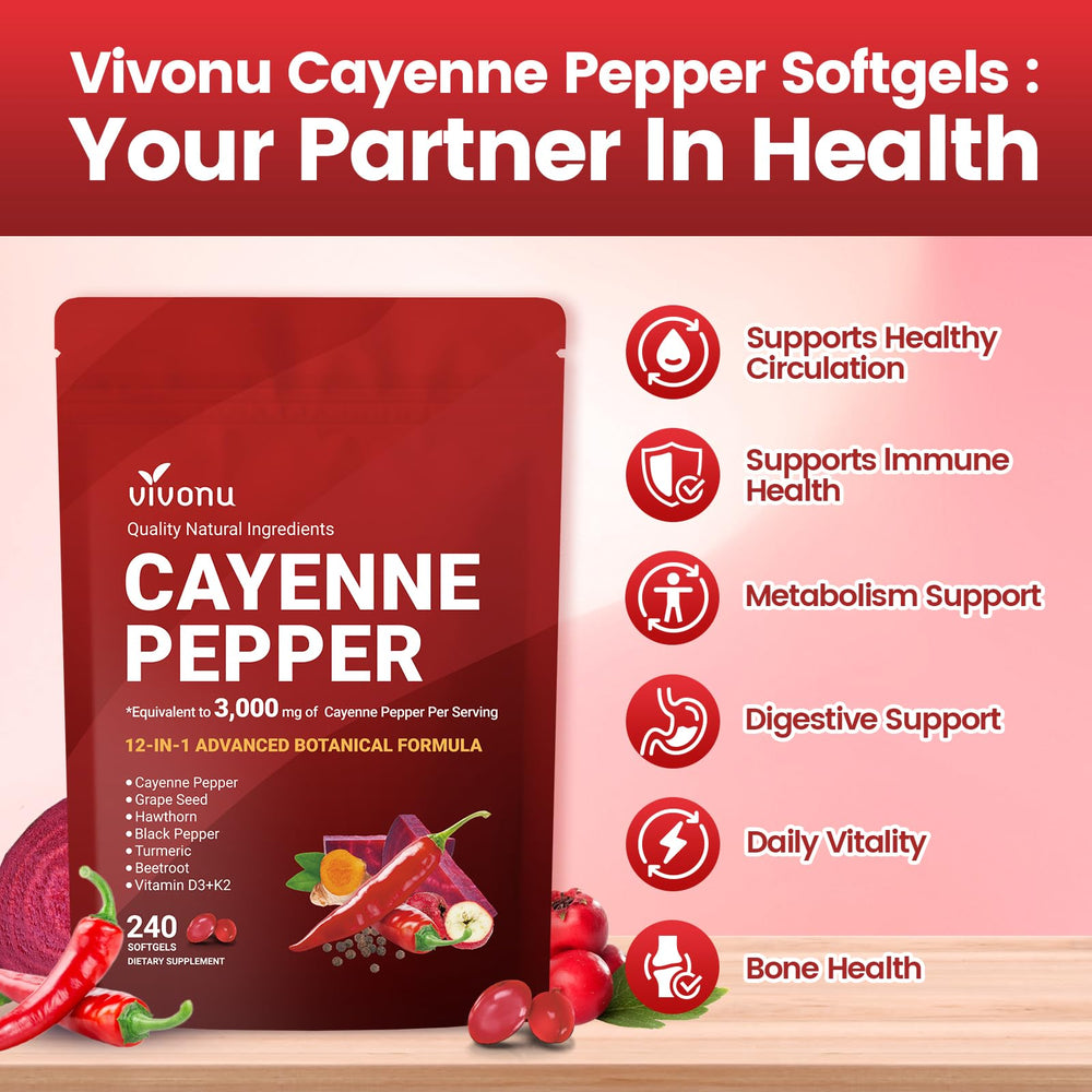 VivoNu Cayenne Pepper Softgels pour shot highlighting convenient dosing.