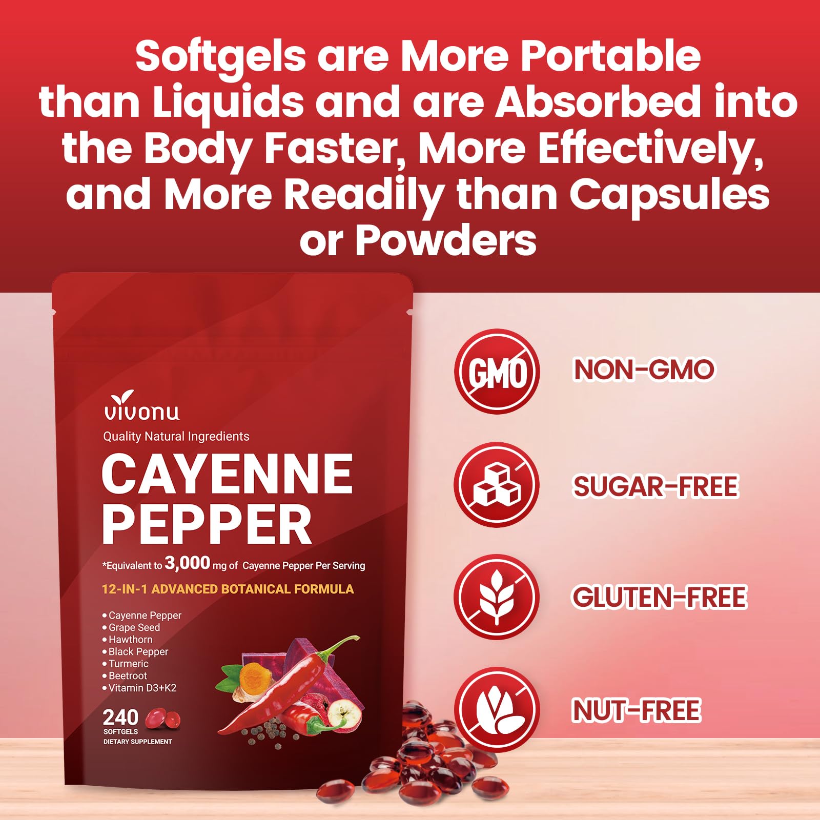 VivoNu Cayenne softgels vial signaling premium dietary supplement.