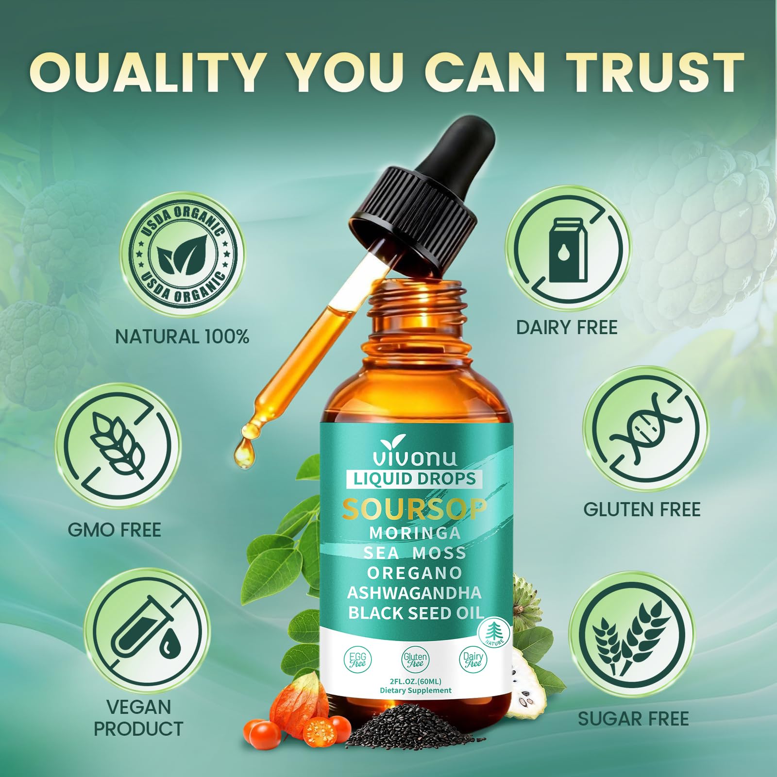 Liquid drops providing easy daily use for energy and stress support