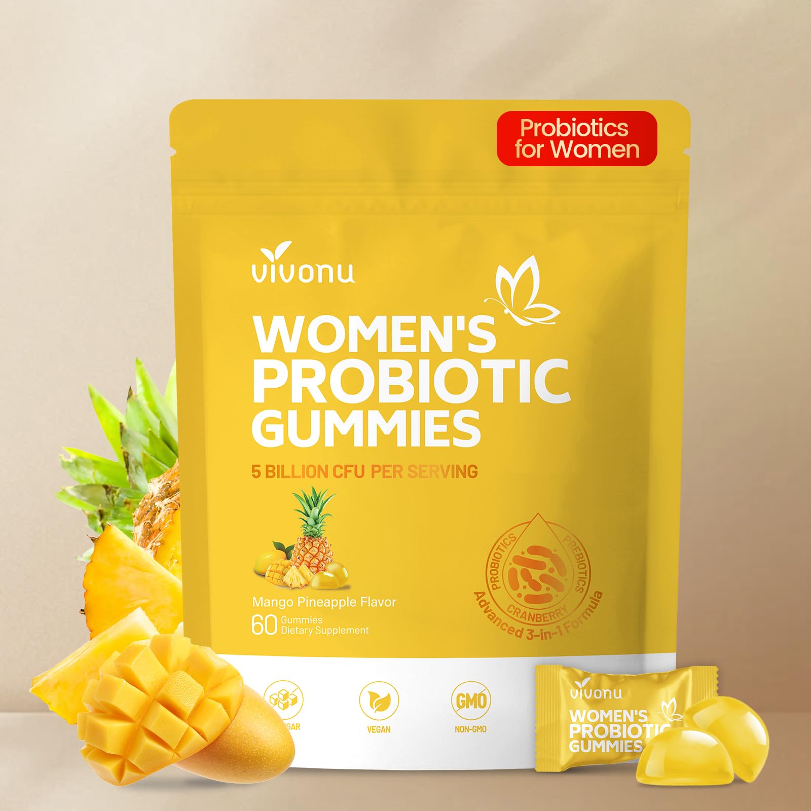 VivoNu Pineapple Gummies bottle for daily feminine balance and digestive comfort.