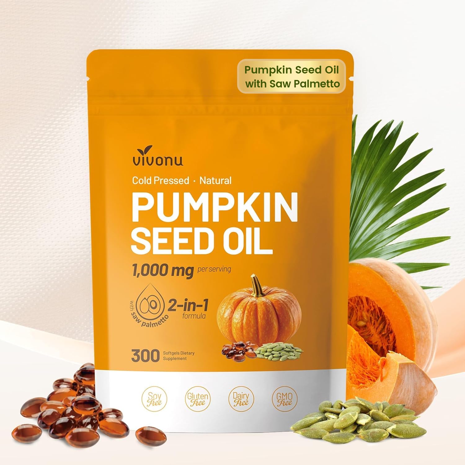 VivoNu pumpkin seed oil softgels bottle for urinary and hair support.