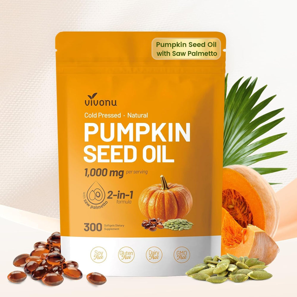 VivoNu pumpkin seed oil softgels bottle for urinary and hair support.