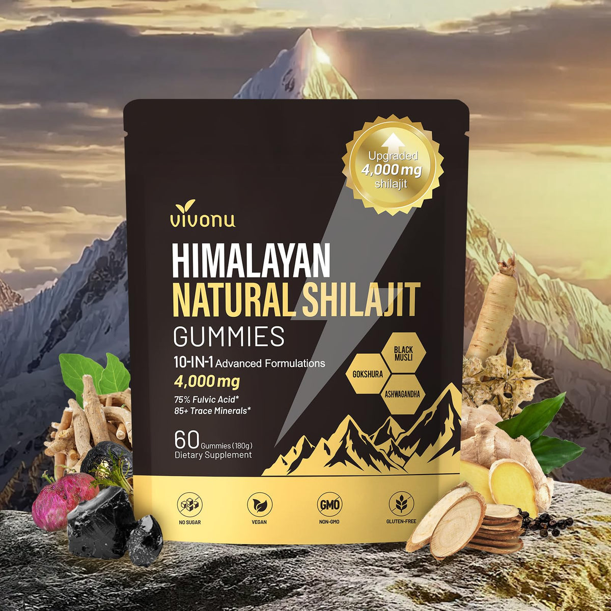 VivoNu Pure Himalayan Shilajit Gummies bottle front for convenient daily micronutrient support.